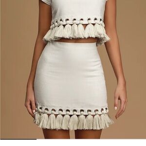 Lulus Belinda Beige Tassel Mini Skirt